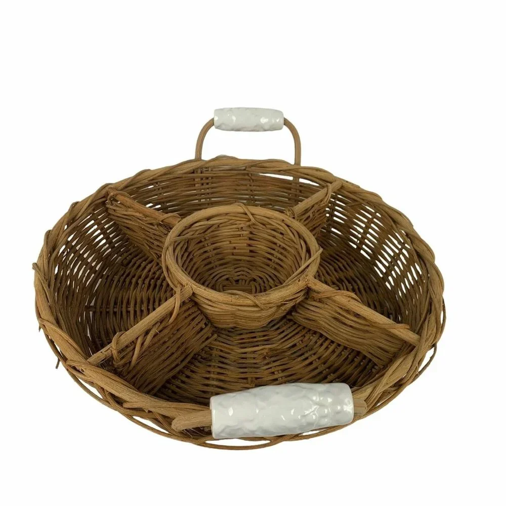 Large Round Sectioned Wicker Serving Basket Divided Ceramic Handles Organization